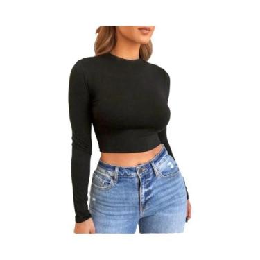 Imagem de Camiseta Feminina De Manga Longa Preta E Branca, Top Cropped Casual Bá