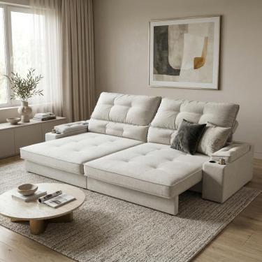 Imagem de Sofá Retrátil Reclinável 4 Lugares Porta-copos USB Linho 2,30m Santiago