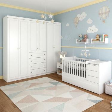 Imagem de Berço Multifuncional Cleo e Guarda Roupa Infantil 6 Portas Mississipi Ambiente Branco Fosco com Colchão Gazin - Henn