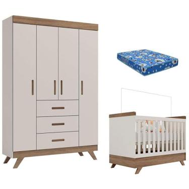 Imagem de Berço Americano Vitória e Guarda Roupa Infantil Retrô Maya Off White Carvalho com Colch...