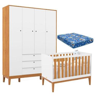 Imagem de Berço Americano e Guarda Roupa Unique 4 Portas Branco Soft Freijó Eco Wood com Colchão Ortobom - Matic