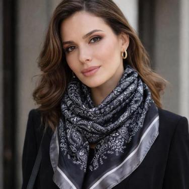 Imagem de Lenço Xale Echarpe Feminino De Cetim Seda 90x90cm Estampado - meldorah