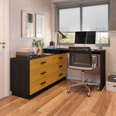 Imagem de Escrivaninha Mesa Escritório em L com Cômoda Leonie 6 Gavetas 138cm Ye