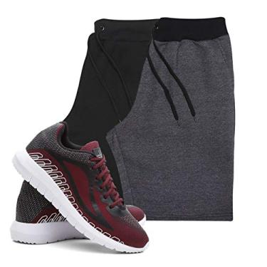 Imagem de KIT 2 BERMUDAS MASCULINA ALGODÃO ACADEMIA + TÊNIS MASCULINO CORRIDA CONFORTO - Preto/Grafite - Vermelho G/42