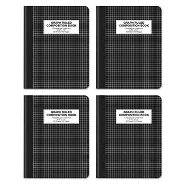 Imagem de Bloco de notas de composição Quad Ruled, pacote com 4, capa rígida, papel com 4 x 4 gráficos, 80 folhas, 24 x 19 cm, da Better Office Products, capa preta, pacote com 4