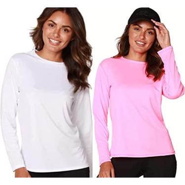 Imagem de Camiseta UV Protection Feminina UV50+ Tecido Ice Dry Fit, Controla Temperatura (Rosa Fluor-Branco, G)