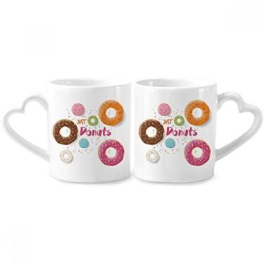 Imagem de Conjunto de canecas de porcelana casal, sobremesa, doce, padrão de comida doce, rosquinha, copo, coração