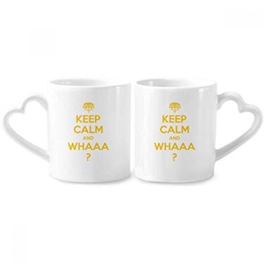 Imagem de Citação Keep Calm And WHAAA Conjunto de canecas de porcelana amarela para casal, copo de cerâmica com alça de coração