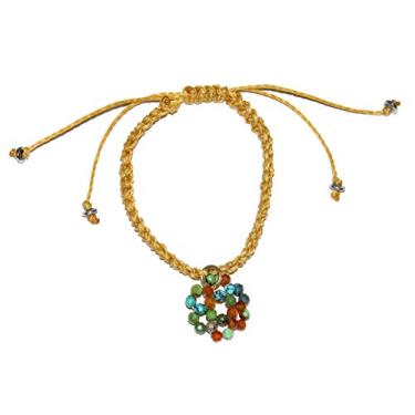 Imagem de Pulseira Love de macramê em fio palha com pingente de mandala de turquesa e granada queimada e detalhes dourados