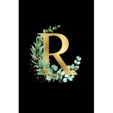 Imagem de R: Gold Monogram with eucalyptus on glossy black background 6"X9" 100 page journal notebook diary. Gold gifts for women