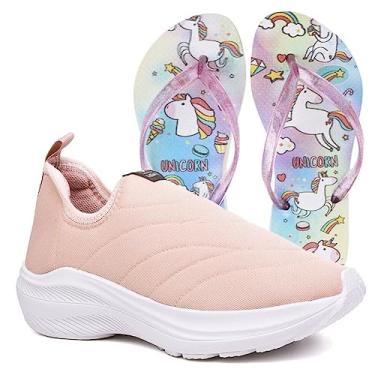 Imagem de Tenis Infantil Meninas Calce Facil Leve Tipo Meia + Chinelo Cor:Rosa;Tamanho:32