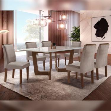 Imagem de Conjunto Sala De Jantar Nápoles Tampo Vidro/MDF com 6 Cadeiras Luísa Smart Plus Cel Móveis Chocolate/Off White/Marrom Claro