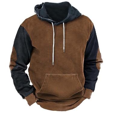 Imagem de Moletons com capuz para homens com cordão Color Block Splicing Sweater Trendy Vintage Plush Hoodie Manga Comprida com Bolsos Roupas, Café, 4X-Large