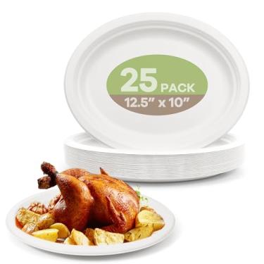 Imagem de FEHHTO Pratos de papel ovais descartáveis, pacote com 25, 32 cm, biodegradáveis, compostáveis, resistentes, pratos ecológicos de cana de açúcar para churrasco, festa, piquenique - branco
