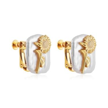 Imagem de SLOONG Brincos de flor de nascimento, banhado a ouro 18 K, brincos de pérola de água doce para mulheres, piercing falso, pérolas barrocas, brincos de orelha, Cobre, Pérola
