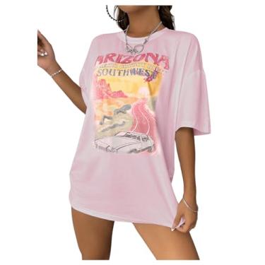 Imagem de SOLY HUX Camiseta feminina estampada fofa manga curta roupas casuais vintage verão camiseta grande, Letra rosa claro, M