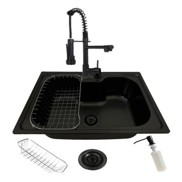 Imagem de Cuba Gourmet Cozinha Aço Inox 60x42 Preta E Torneira Gourmet