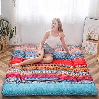 Imagem de MAXYOYO Colchão boêmio retrô vintage floral japonês futon dobrável tatame cama dobrável colchão de acampamento portátil almofada de dormir espreguiçadeira sofá cama, king