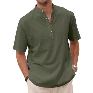 Imagem de Uni Clau Camisa masculina casual Henley verão praia algodão linho manga curta Henley camisa hippie, Verde, GG