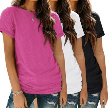 Imagem de SUNBS Pacote com 3 camisetas femininas básicas de manga curta gola redonda moda tops ajuste solto leve casual roupas de verão 2024, Pacote com 3: Rosa (Hotpinkwhiteblack), XXG