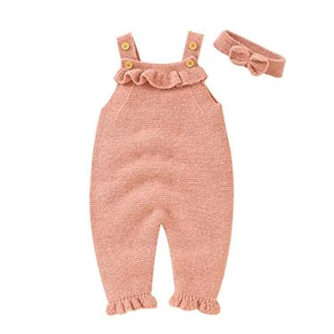 Imagem de Macaquinho de malha para bebês meninas com faixa de cabeça, suspensórios e babados, macacão infantil para recém-nascidos 0-18, rosa, 6-9 Months