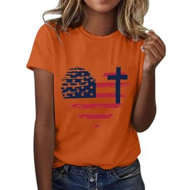 Imagem de Camiseta feminina patriótica do dia da independência, bandeira americana, cruz, coração, 4 de julho, manga curta, Laranja, XX-Large