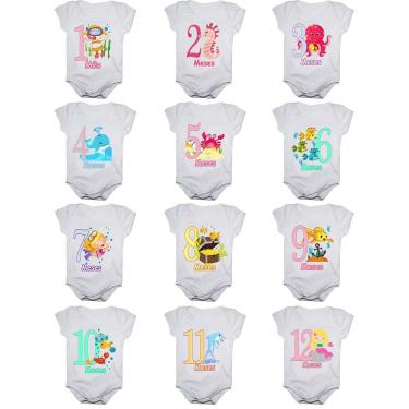 Imagem de Kit body bebê mesversario manga curta estampa fundo do mar 12 bodies 1 a 12 meses