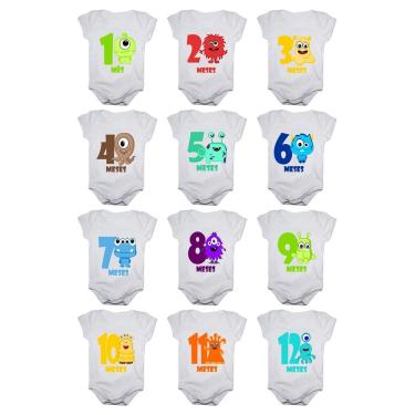 Imagem de Kit Body Bebê Mesversario Manga Curta Monstrinhos 12 Bodies 1 a 12 Meses