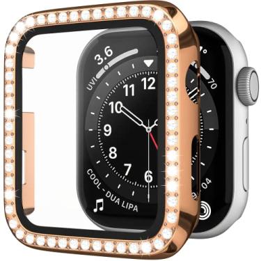 Imagem de Capa Bling compatível com Apple Watch Series 6/SE 5 4 4 mm protetor de tela de vidro temperado, capa protetora fina de policarbonato rígido de cristal para iWatch, presente feminino, masculino, bronze