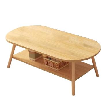 Imagem de Mesa de centro moderna de 2 camadas, pernas de mesa de carvalho maciço, mesa de centro oval de meados do século com prateleira de armazenamento para sala de estar de apartamentos pequenos