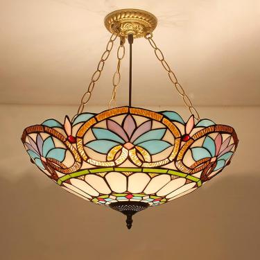 Imagem de Lustre estilo Tiffany de 20 polegadas, luminária pendente vintage feita à mão com vitral, teto LED E27 ajustável em altura para sala de estar, quarto, decoração de sala de jantar, D