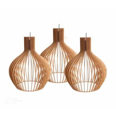 Imagem de Trio De Pendente Lustre Luminária de Teto Grande De Madeira Modelo Ret