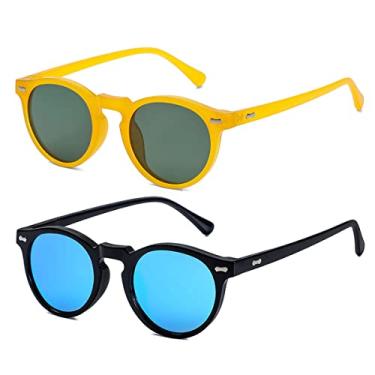 Imagem de Gleyemor Óculos de sol vintage polarizados para homens, óculos de sol redondos, proteção UV400, armação de acetato retrô feita à mão, Pacote com dois (armação amarela/lente verde + armação preta/lente