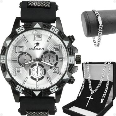 Imagem de Relogio Masculino Aço Inox + Cordão Crucifixo + Pulseira Preto Spaceman Cruz Fina