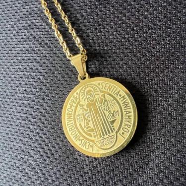 Imagem de Colar Medalha São Bento Masculino Dourado Aço Inox - Religioso
