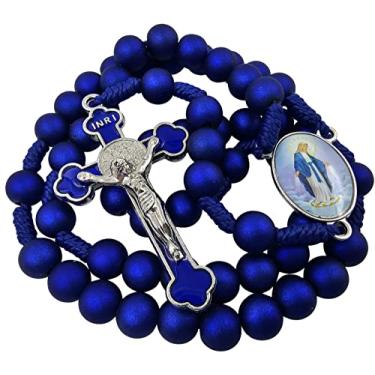 Imagem de TALISMAN4U Rosário azul profundo colar de oração católica com crucifixo de São Bento Medalha Nossa Senhora da Graça, presente religioso, rosário