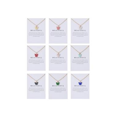 Imagem de COLORFUL BLING Conjunto de colar com pingente de borboleta fofo de 5 a 9 peças para mulheres, adolescentes e meninas, colar de borboleta de acrílico com cartão de mensagem, amizade, joia BFF,
