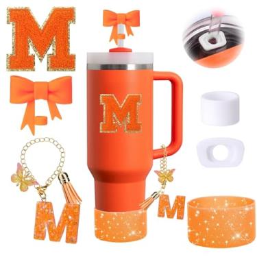 Imagem de Conjunto de 6 peças de acessórios de copo Stanley laranja adequado para Stanley Cup 850.5 g 1,134 g, incluindo tampa à prova de derramamento, bota de silicone brilhante, topo de palha em forma de