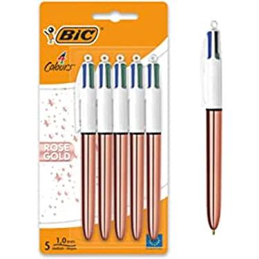 Imagem de Bic 4 cores Rose Gold Pen, canetas multicoloridas tudo em um, caneta esferográfica retrátil, média 1,0 mm, verde, azul, vermelho, preto, 5 canetas por pacote, 1 pacote
