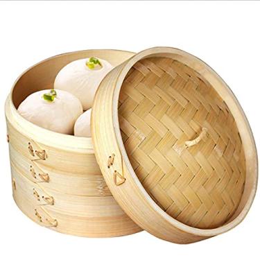 Imagem de Vaporizador de bambu de 25,4 cm, 2 níveis de vaporizadores de alimentos chineses, design tradicional de cozinha saudável para bolinhos, legumes, frango, peixe - Cesta de vapor feita à mão incluída 2 forros de gaze e pauzinhos
