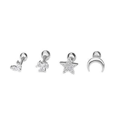 Imagem de NewZenro Star Moon 16g Ear Cartilage Helix Surgical Stainless Steel Cubic Zirconia Studs Cartilagem Brincos de cartilagem Huggie Screw Backs Ear Tragus Auricle Nose Lip Piercing Conjunto de joias,