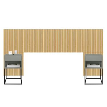 Imagem de Cabeceira Ripado em MDF Cama Casal Com 2 Mesas de Cabeceira Sofia 1 Gaveta - LH Móveis (Amadeirado - Mesa Cinza/Pé Preto)