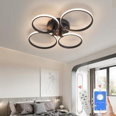 Imagem de Lustre LED moderno branco/preto para sala de estar Quarto lâmpadas de teto decoração de casa brilho iluminação interna minimalismo teto Lustre Led anel luminária (Preto, 4 anéis L58*W46CM)