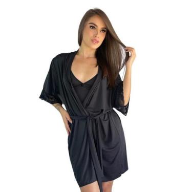 Imagem de Robe Com Renda Caimento Kimono Hobby Amarração - Charme Dela's, Preto,