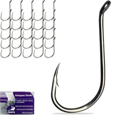 Imagem de Pristis Pacote com 25 anzóis de polvo, 5/0, anzóis de pesca com bico de aço de alto carbono para água salgada e doce, conjunto de ganchos de pesca a granel, minhoca, anzol farpado forte para robalo,