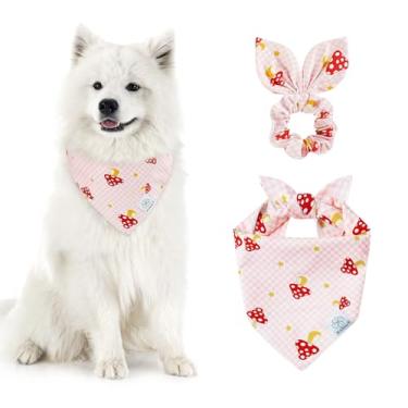 Imagem de E-Clover Conjunto de bandanas xadrez de búfalo rosa para cães e scrunchie combinando, babadores fofos, babadores, bandana de animal de estimação com gravata borboleta para cães médios e grandes, dona