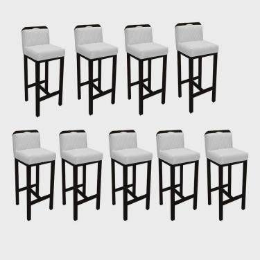 Imagem de Kit 09 Banqueta Alta Com Encosto Simon Cozinha Balcão Bistrô Base Madeira Preto Corino Branco - Ahz Móveis
