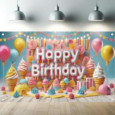 Imagem de Starlit Patio Decoração de fundo para festa de aniversário de sorvete, lembrancinhas de festa de sorvete, feliz aniversário, faixa fotográfica, plano de fundo, cabine fotográfica para meninas rosa