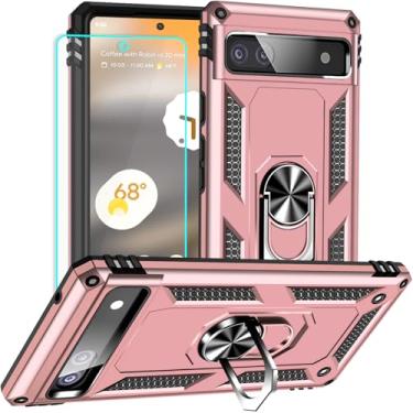 Imagem de Yiakeng Capa para Google Pixel 6A: com protetor de tela - Capas protetoras de nível militar com suporte de anel de dedo para capa Pixel 6A (ouro rosa)