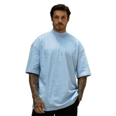 Imagem de Camiseta Oversized Gola Alta Aplique Assinatura Streetwear Confortavel Masculina Azul Claro-Masculino